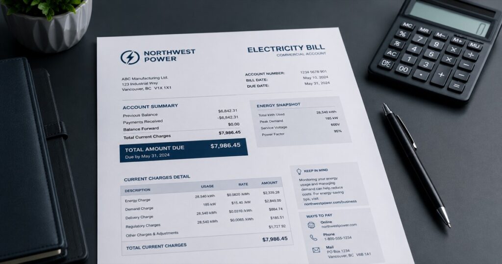 Commercial electricity bill with calculator for energy cost review